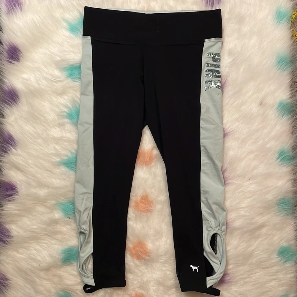 PINK‎ Victoria’s Secret Sequins Cropped Black & Teal Leggings Size Medium